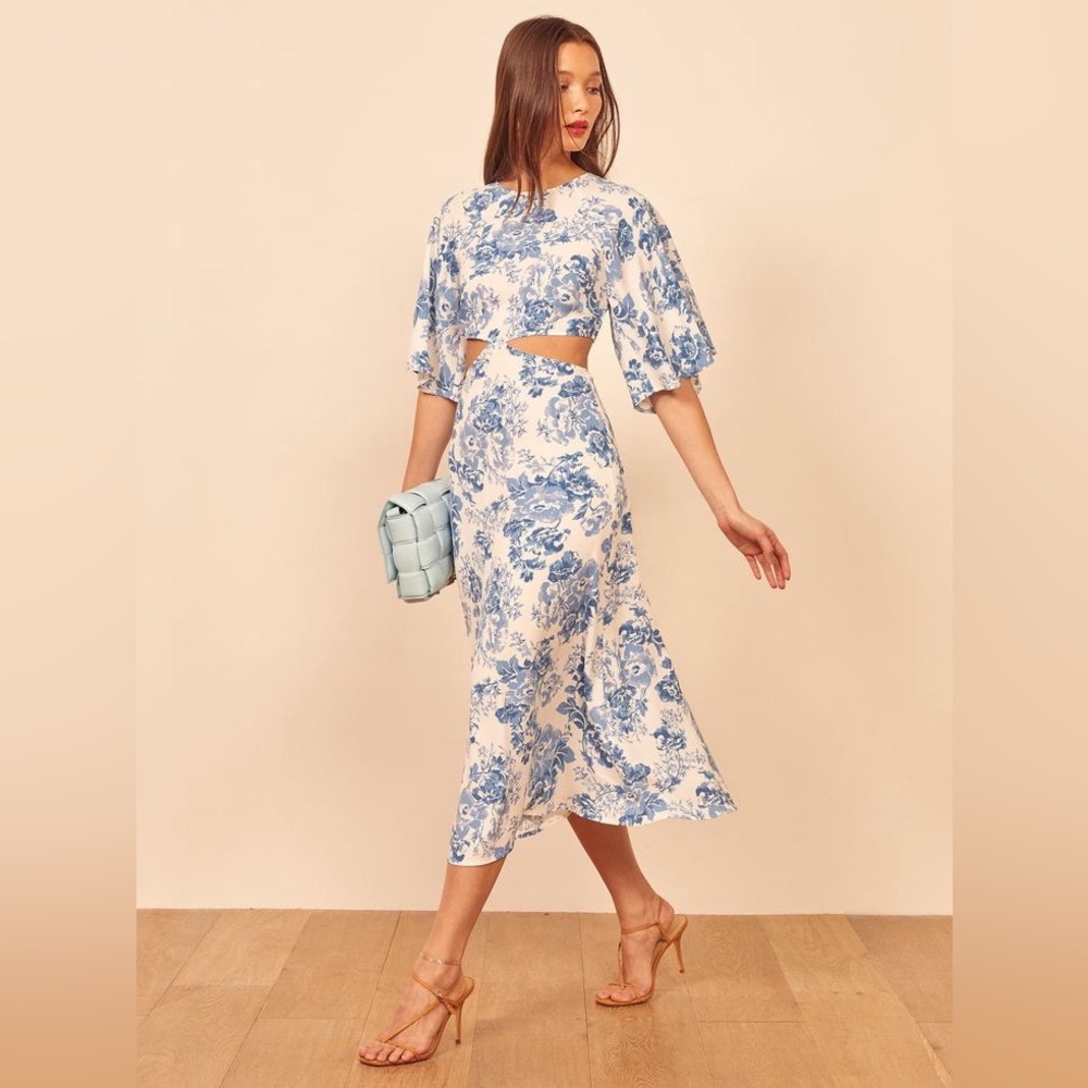 Reformation White and Blue Floral Midi Dress